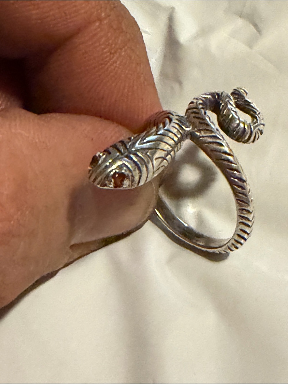 Sterling Silver Snake Wrap Ring in Silver with Garnet Eyes -